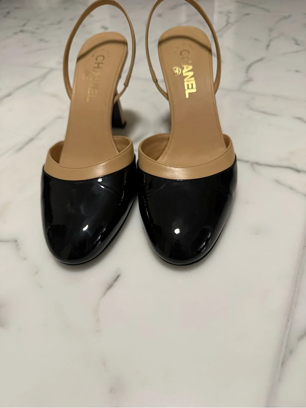 CHANEL Black and Tan Patent Leather Slingback Heels 2026